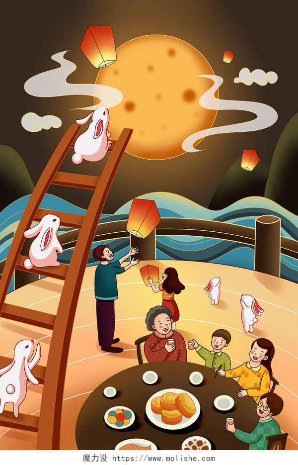 彩色卡通手绘中秋节一家人赏月吃团圆饭放孔明灯原创插画海报